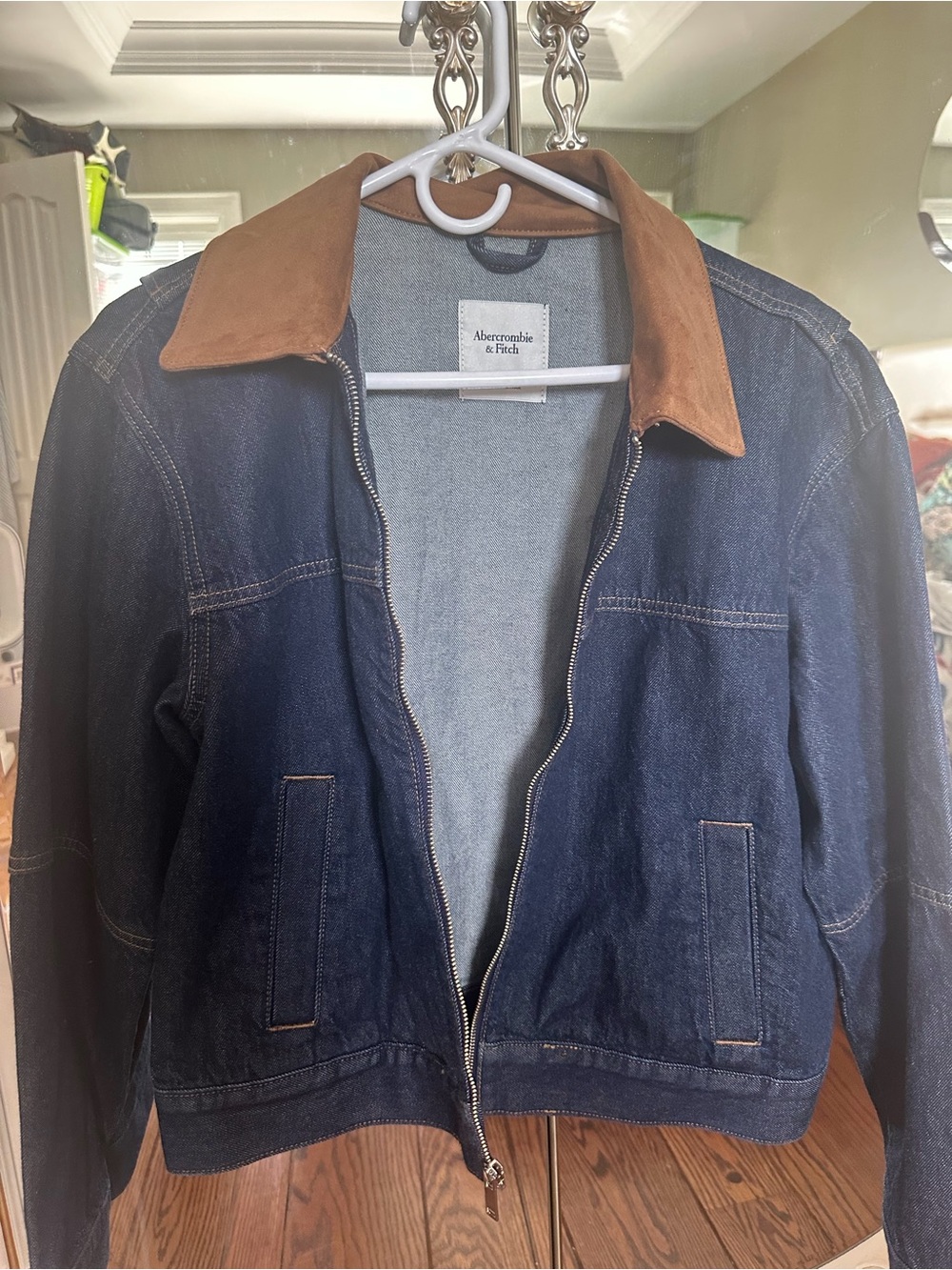 Abercrombie & Fitch Dark Blue Denim Bomber Jacket with Brown Collar